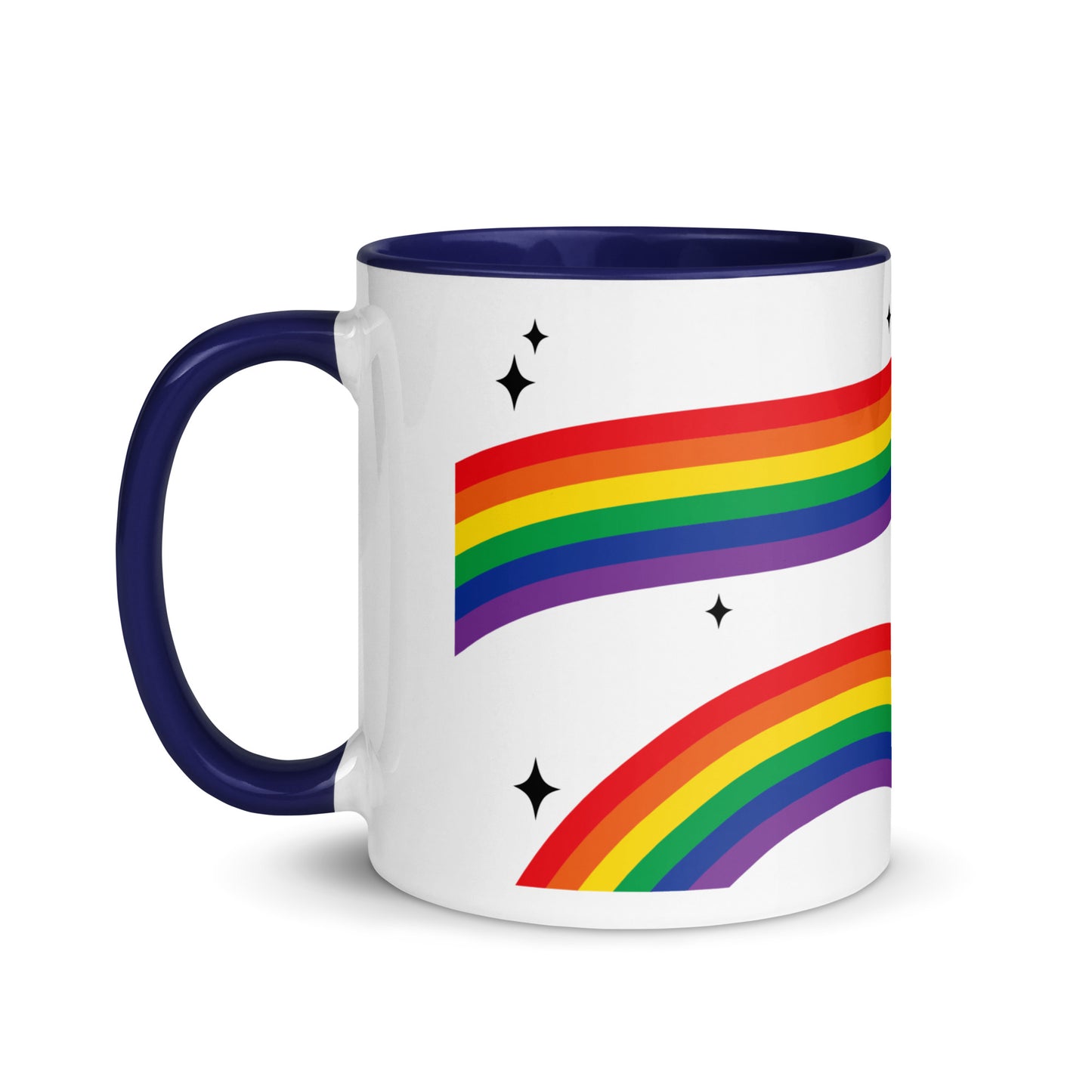 Love is Love Rainbow Pride Accent Coffee Mug LGBTQIA Gift by Spinsterly Co in Dark Blue with rainbow stripe
