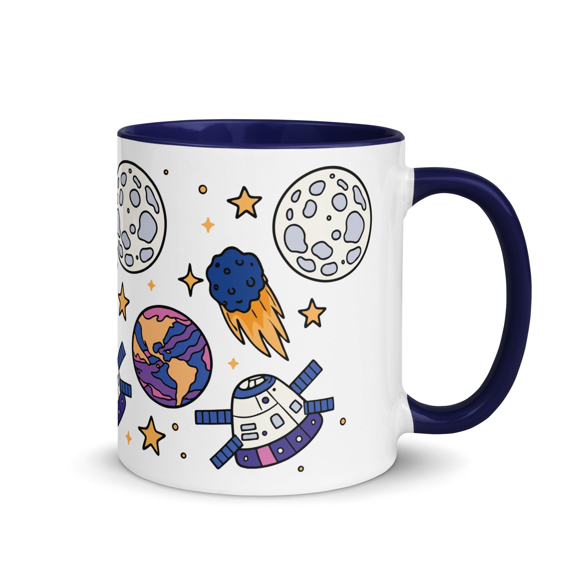 Cosmic Cuties Kawaii Space Pattern Accent Coffee Mug by Spinsterly Co, glossy ceramic with navy rim and handle