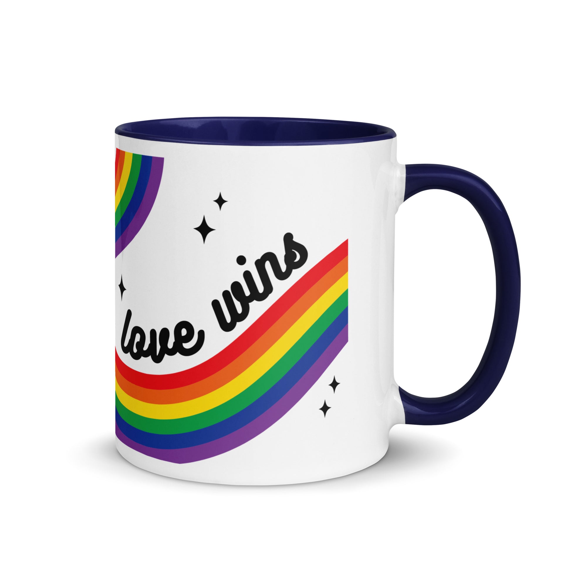 Love is Love Rainbow Pride Accent Coffee Mug by Spinsterly Co in Blue with rainbow stripe and sparkle stars