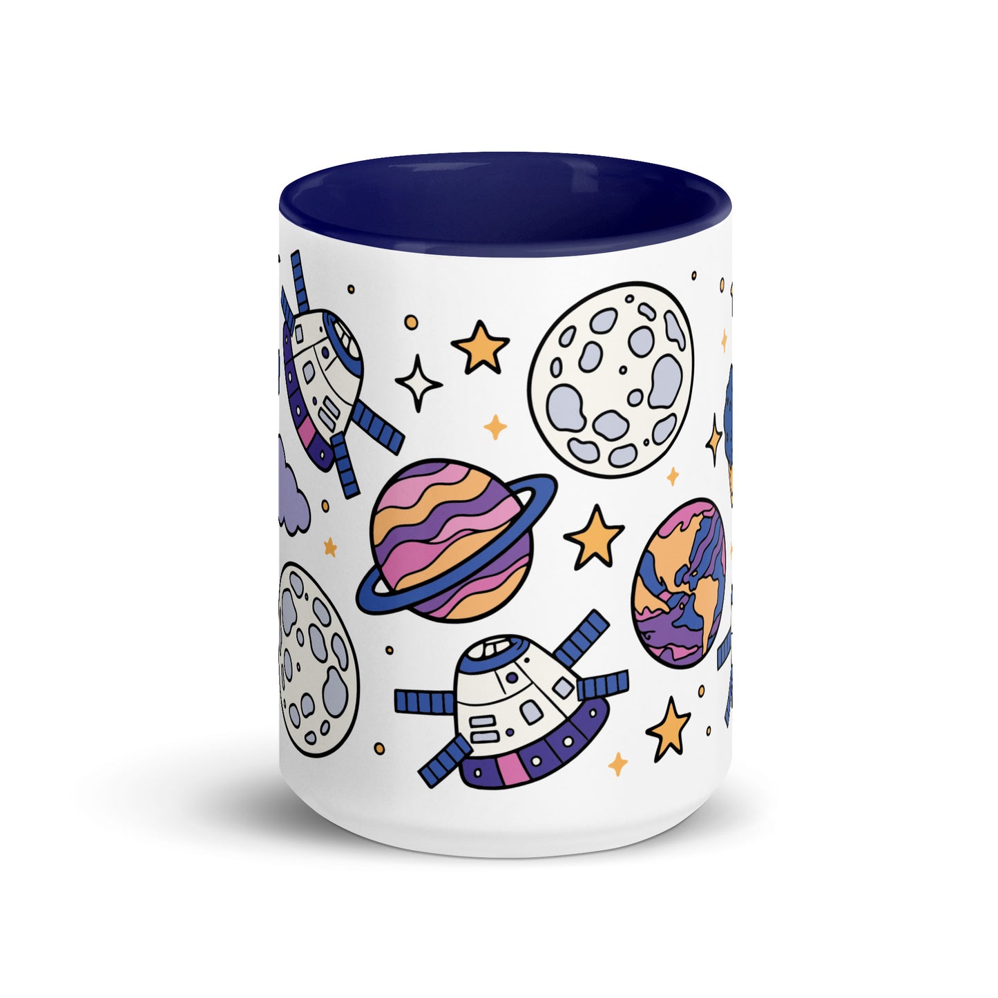 Cosmic Cuties Kawaii Space Pattern Accent Coffee Mug by Spinsterly Co, glossy ceramic with full wrap space art