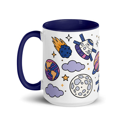 Cosmic Cuties Kawaii Space Pattern Accent Coffee Mug by Spinsterly Co with glossy navy rim and full-wrap design