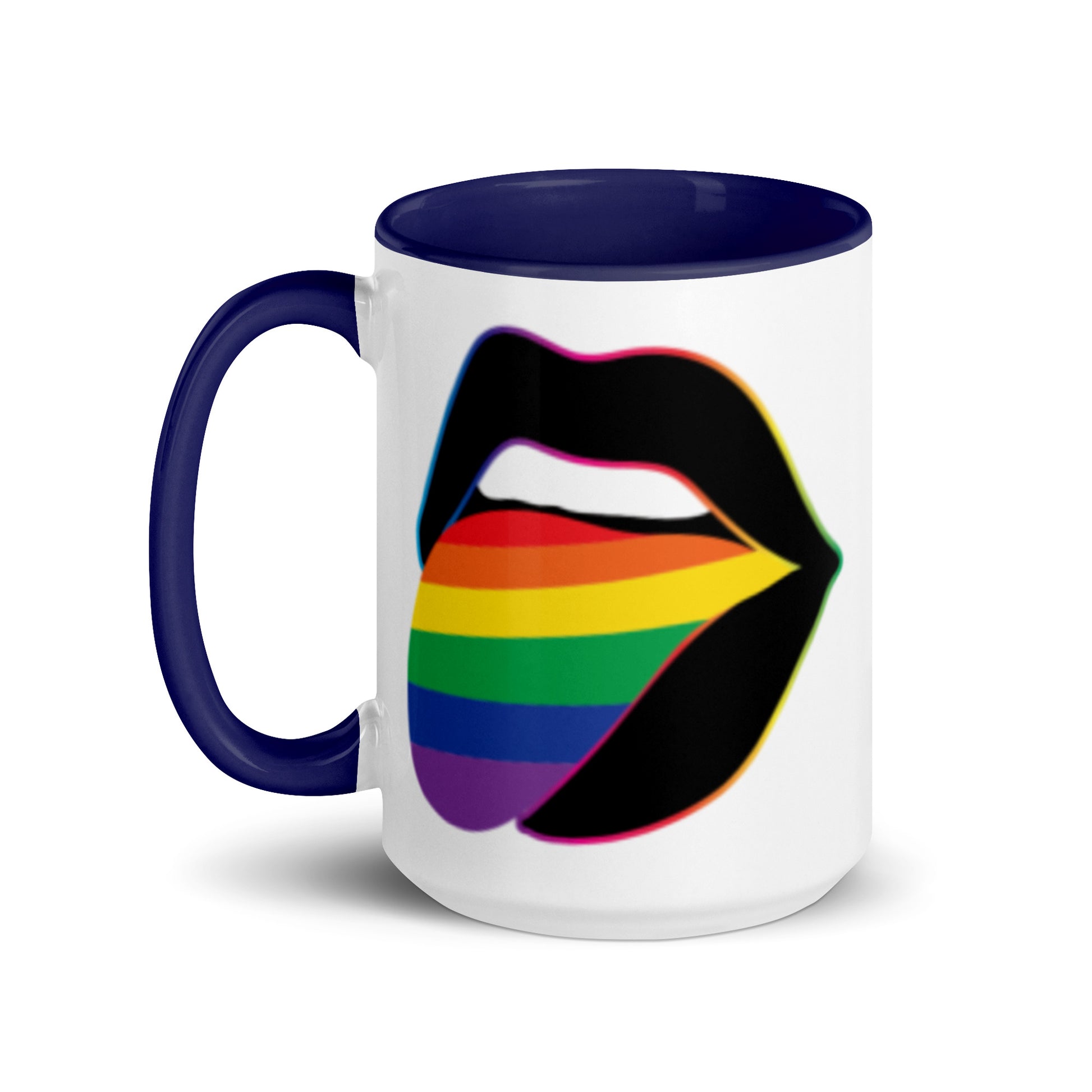 Pride Lips Mug Spinsterly Co rainbow LGBTQ ceramic mug in blue with glossy finish and bold lips graphic