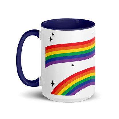 Love is Love Rainbow Pride Accent Coffee Mug LGBTQIA Gift by Spinsterly Co, Dark Blue ceramic with rainbow stripe