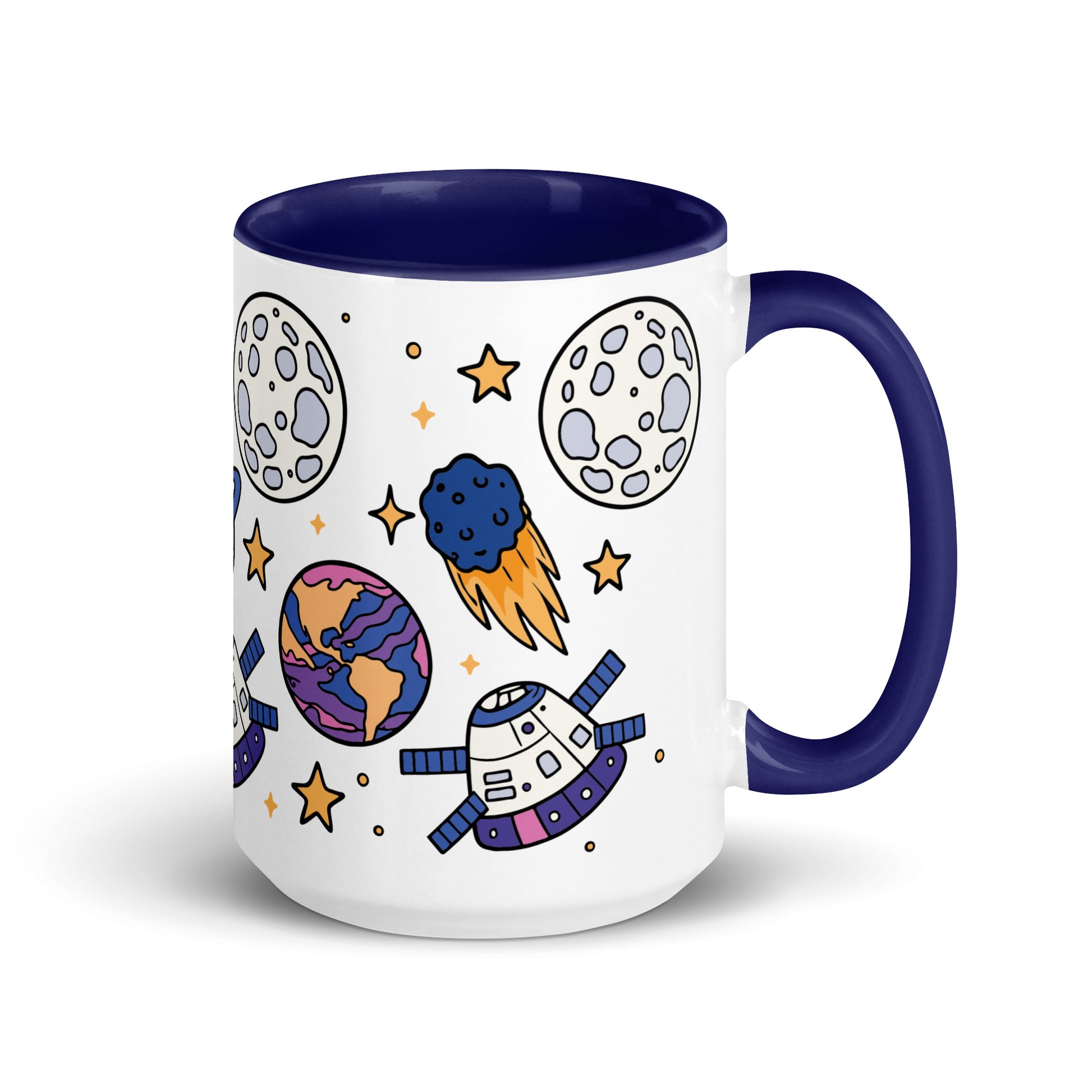 Cosmic Cuties Kawaii Space Pattern Accent Coffee Mug by Spinsterly Co in navy blue with glossy ceramic finish