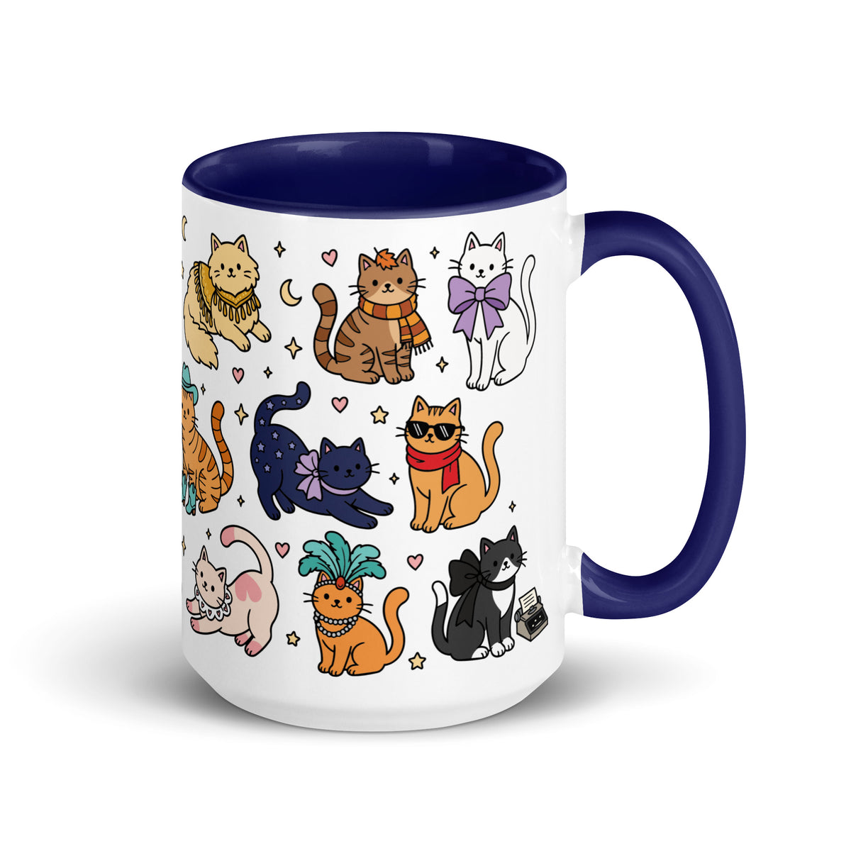 A white ceramic mug with a dark blue interior, handle, and rim, decorated with a playful pattern of various cartoon cats in different outfits and poses.