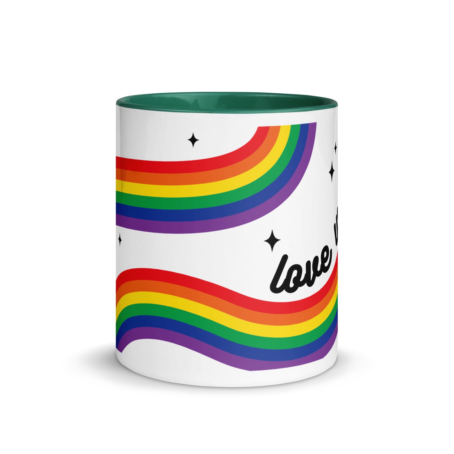 Love is Love Rainbow Pride Accent Coffee Mug LGBTQIA Gift by Spinsterly Co in Pink with rainbow stripe and sparkle