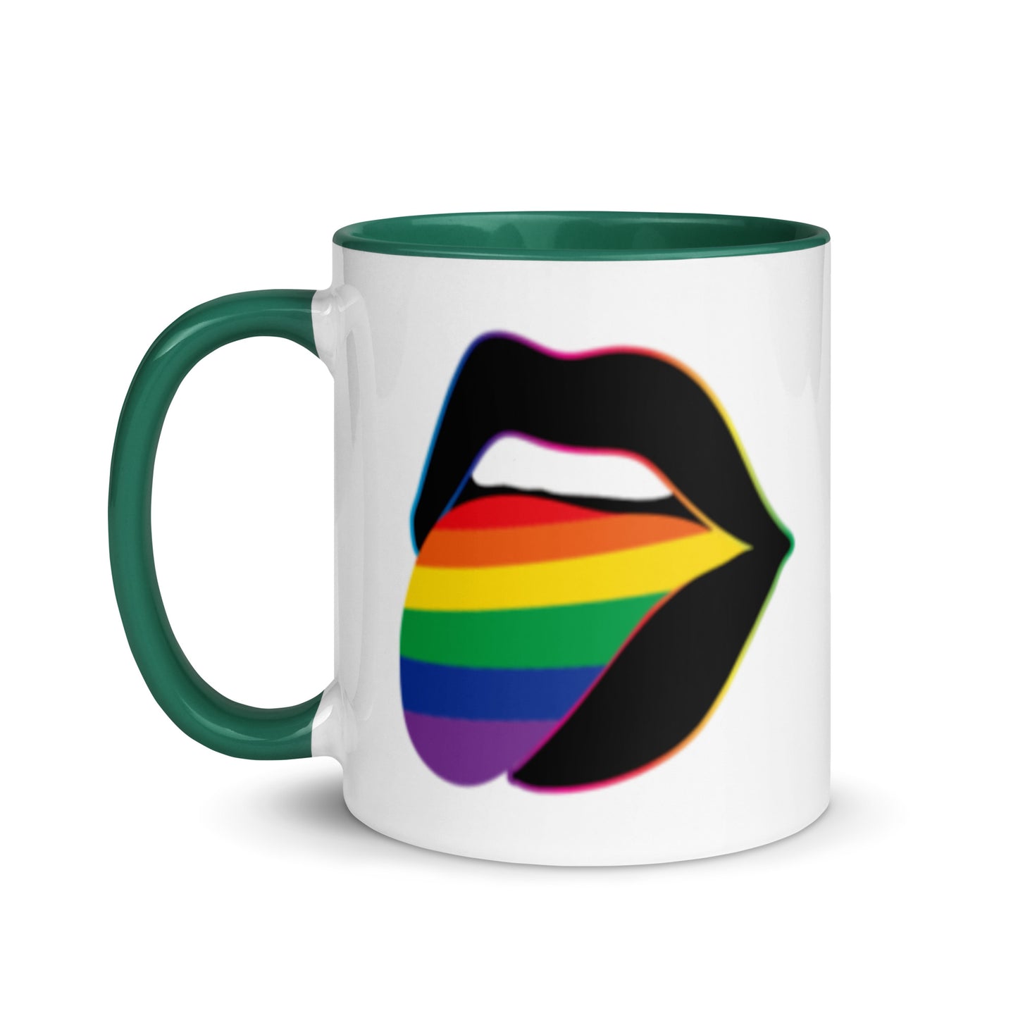 Pride Lips Mug Rainbow LGBTQ Ceramic Mug by Spinsterly Co in Dark green glossy finish with rainbow lips