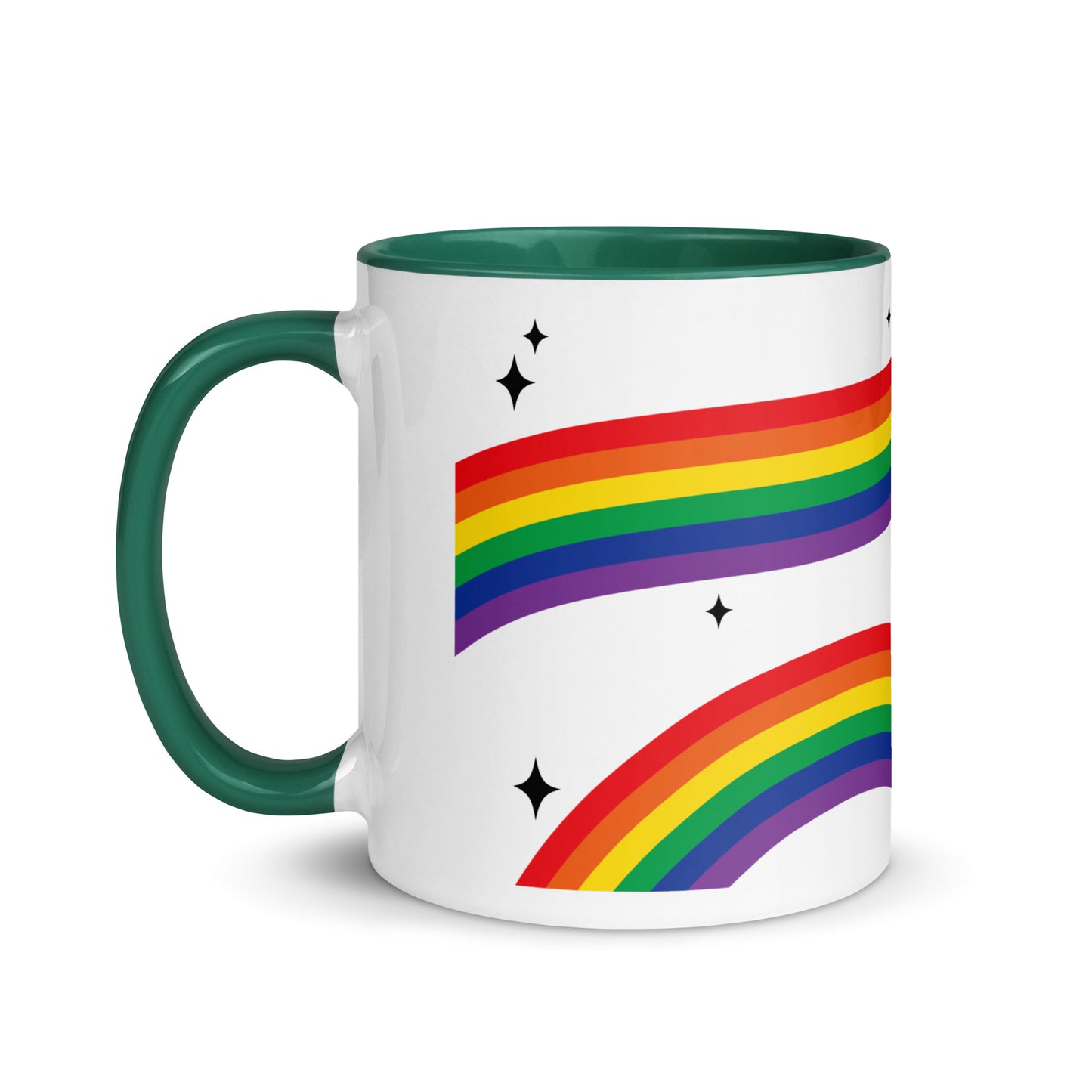 Love is Love Rainbow Pride Accent Coffee Mug by Spinsterly Co in Dark green with glossy rainbow stripe and stars