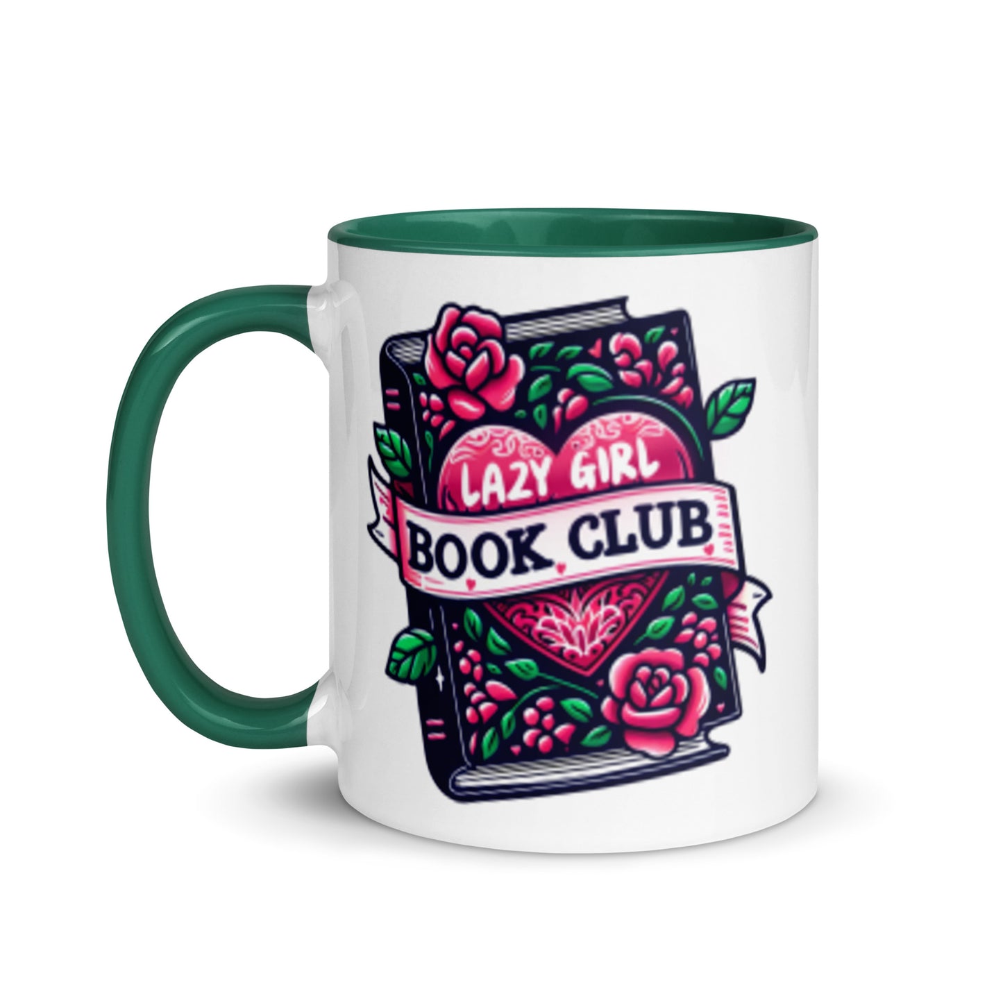 Lazy Girl Book Club ceramic mug with green interior and handle, design facing forward at an angle, 11oz