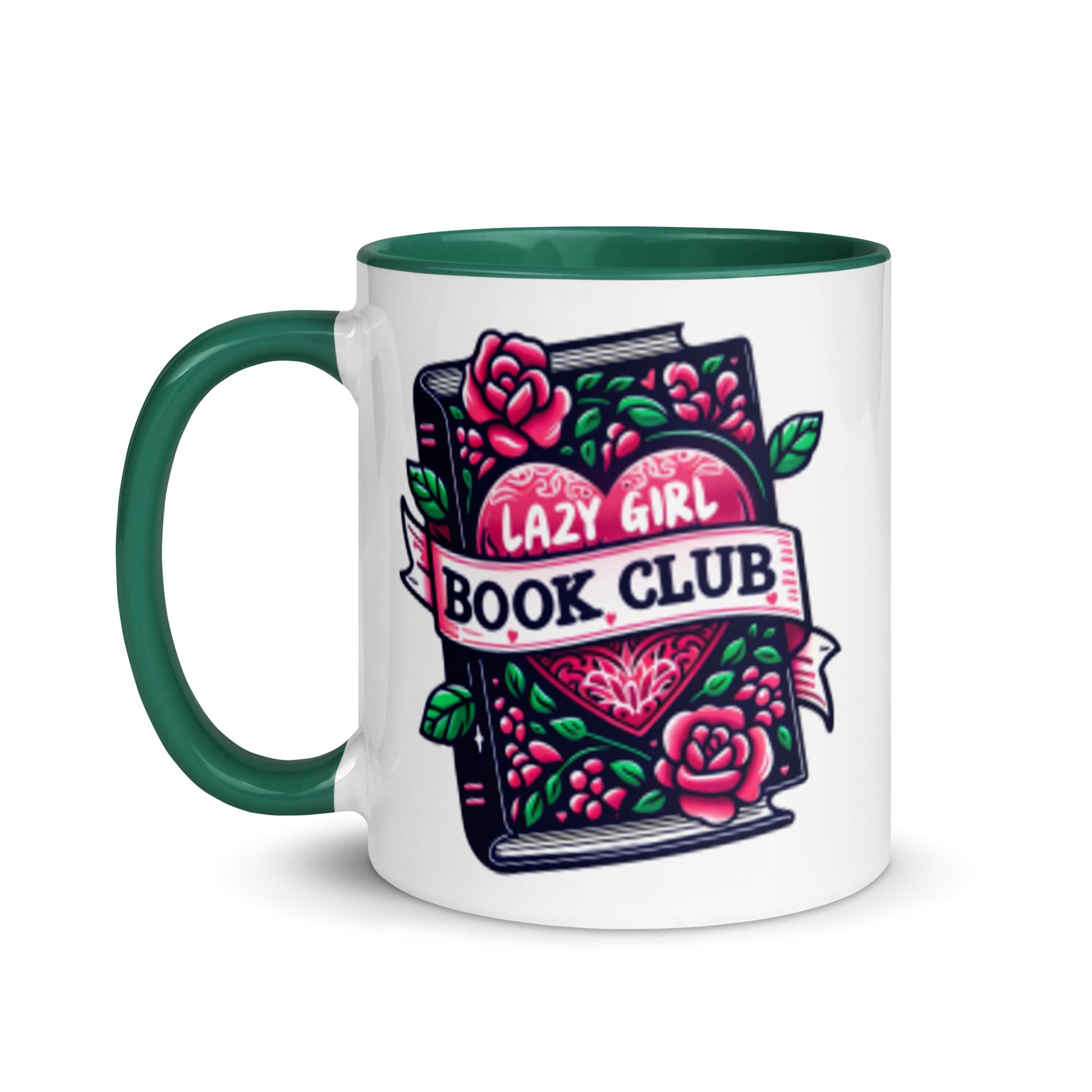 Lazy Girl Book Club ceramic mug with green interior and handle, design facing forward at an angle, 11oz