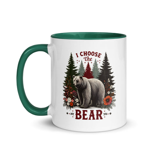 I Choose the Bear Forest Floral Accent Coffee Mug by Spinsterly Co in glossy ceramic with bear and trees print