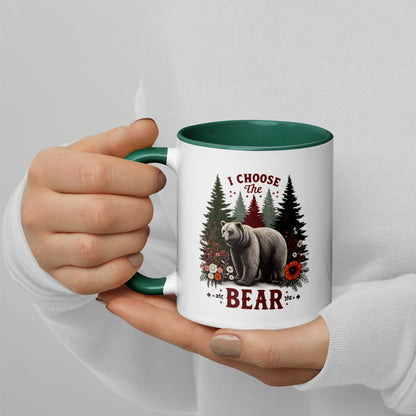 I Choose the Bear Forest Floral Accent Coffee Mug by Spinsterly Co, glossy ceramic with green interior and bear print