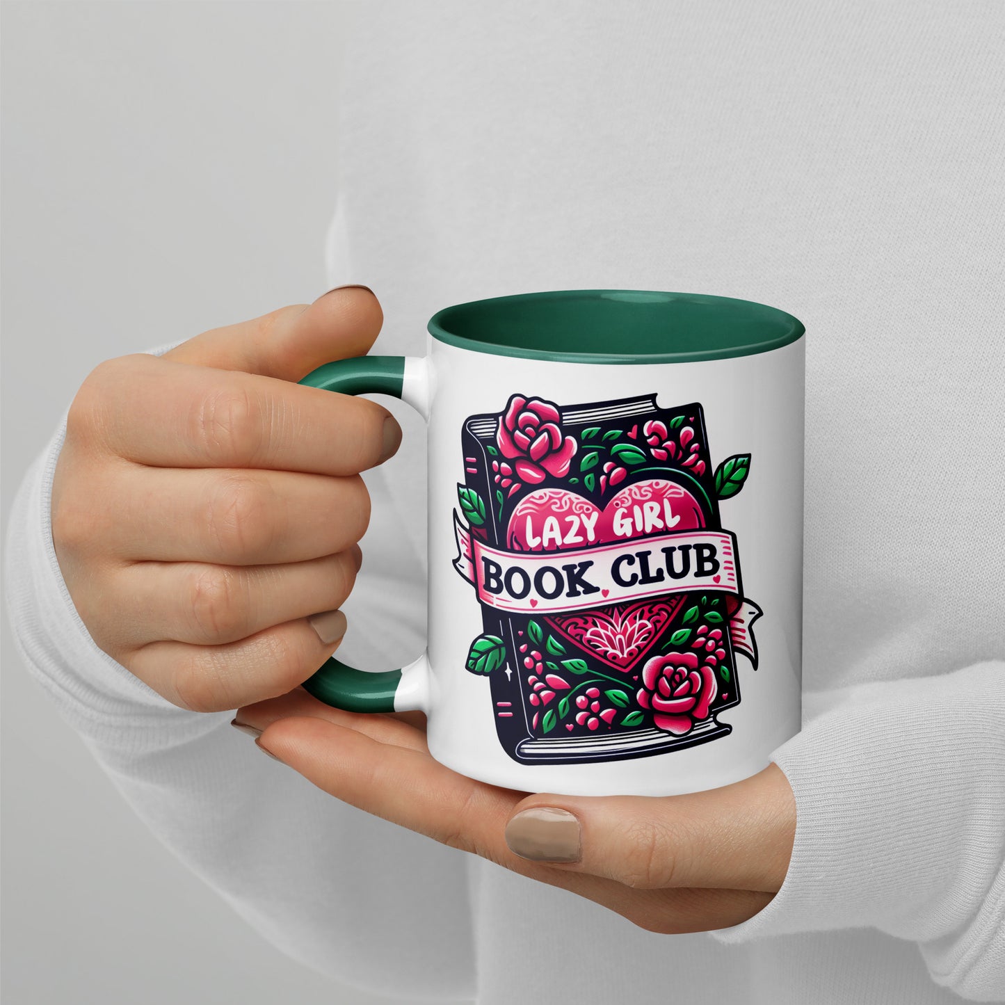 Lazy Girl Book Club Mug Spinsterly Co ceramic coffee mug with glossy green interior and tattoo-style books and roses