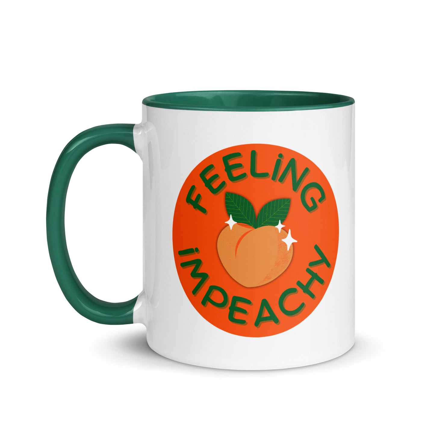 Feeling Impeachy Peach Political Accent Coffee Mug by Spinsterly Co, glossy white with green interior