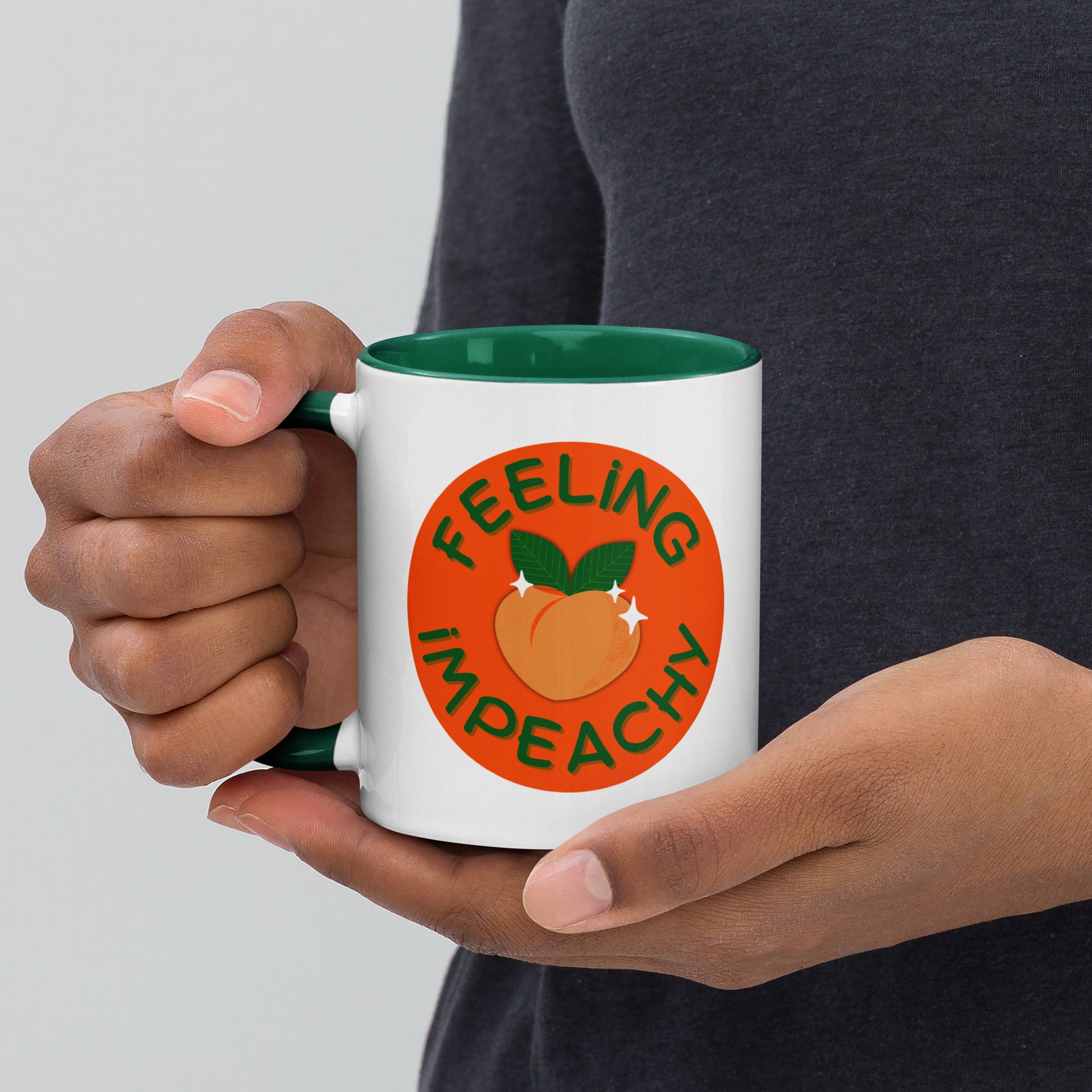 Feeling Impeachy Peach Political Accent Coffee Mug by Spinsterly Co, glossy ceramic with green interior