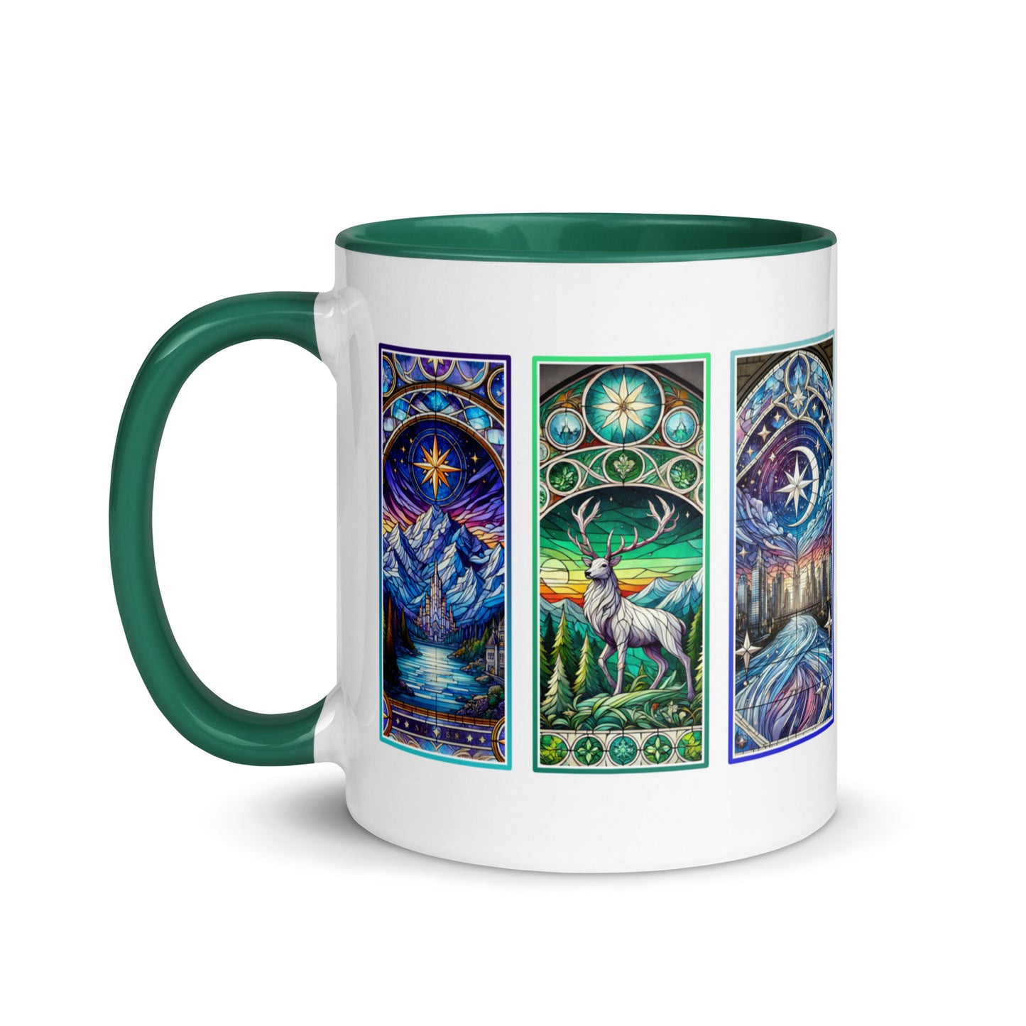 Stained Glass Fantasy Triptych Accent Coffee Mug Spinsterly Co ceramic mug with glossy finish and green rim
