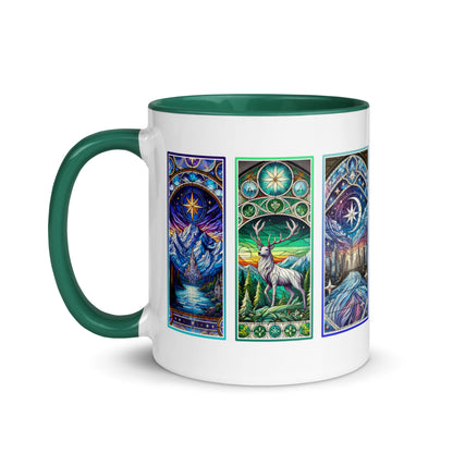 Stained Glass Fantasy Triptych Accent Coffee Mug Spinsterly Co ceramic mug with glossy finish and green rim