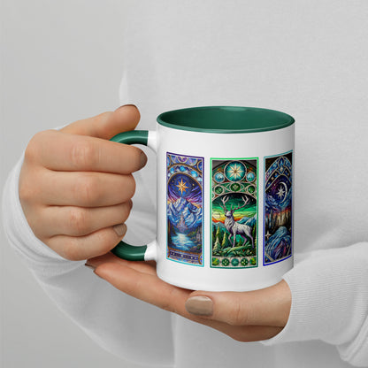 Stained Glass Fantasy Triptych Accent Coffee Mug Spinsterly Co ceramic mug in white with glossy three-panel artwork