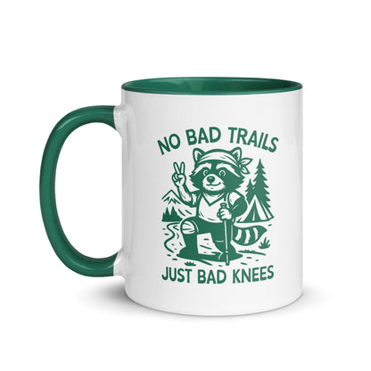 No Bad Trails Just Bad Knees Hiking Accent Coffee Mug by Spinsterly Co, glossy white and green ceramic