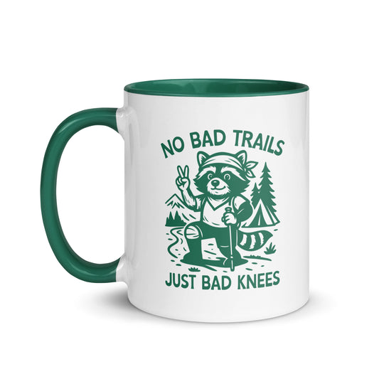 No Bad Trails Just Bad Knees Hiking Accent Coffee Mug by Spinsterly Co, glossy white and green ceramic