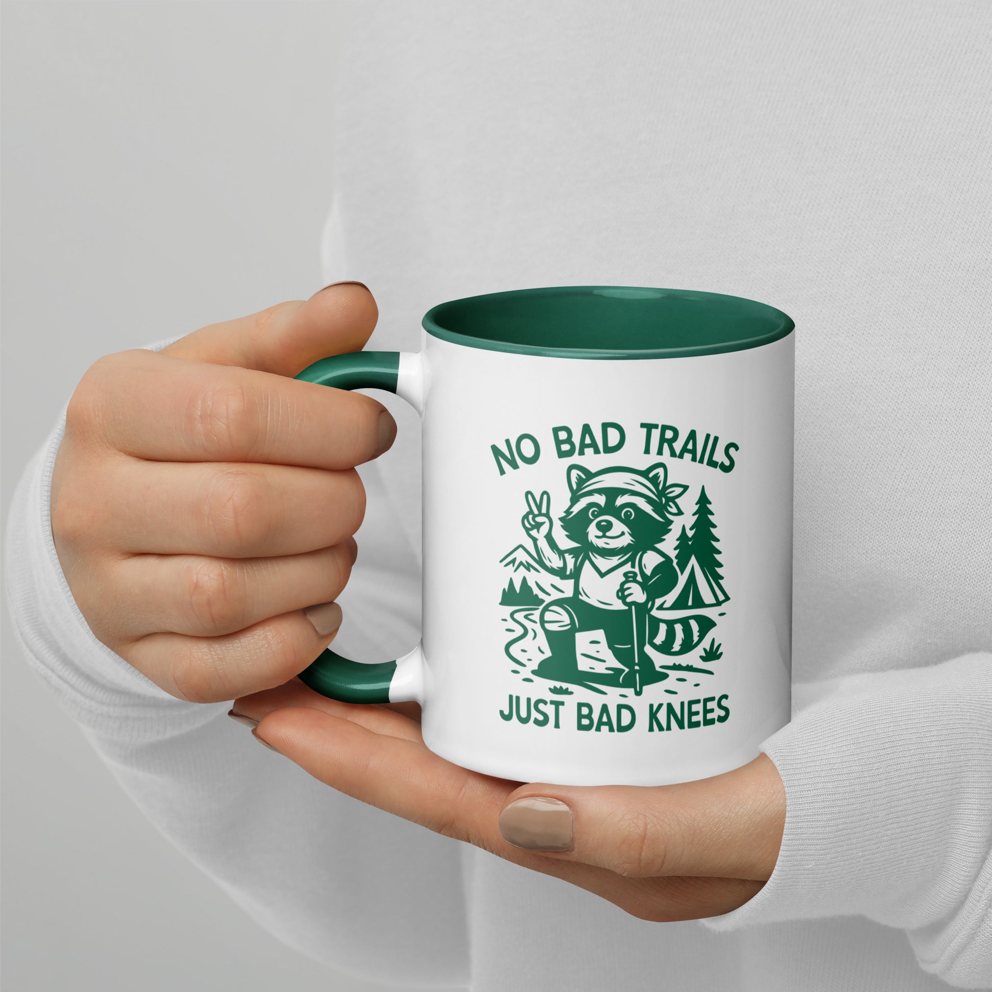 No Bad Trails Just Bad Knees Hiking Accent Coffee Mug by Spinsterly Co, green interior ceramic with glossy finish