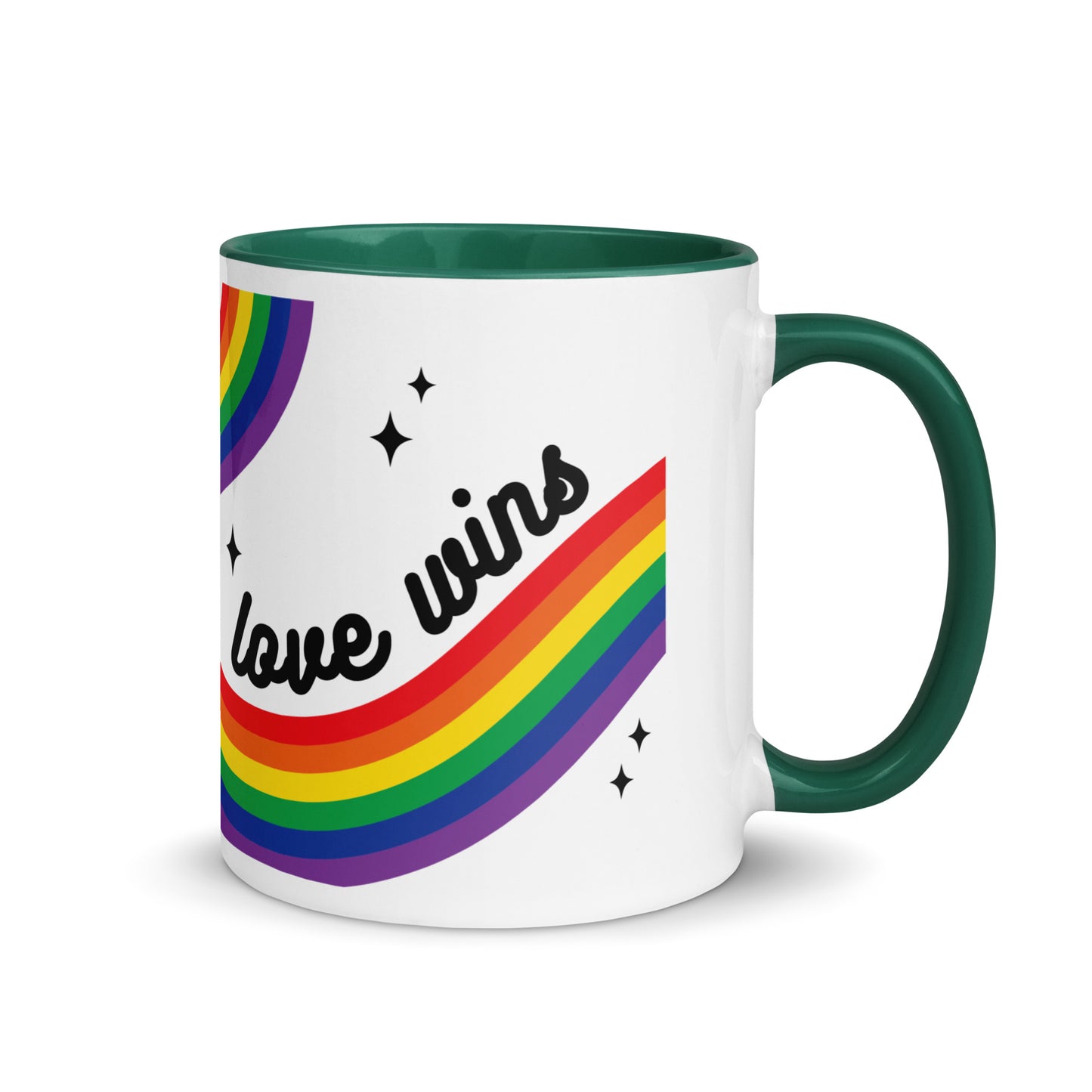 Love is Love Rainbow Pride Accent Coffee Mug LGBTQIA Gift by Spinsterly Co, white ceramic with rainbow stripe