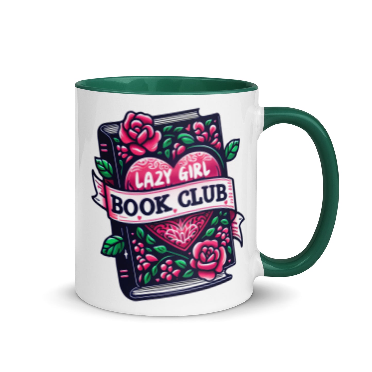 Green-handled Lazy Girl Book Club mug viewed from the side, showing the deep navy body 11oz