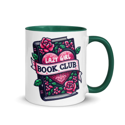 Green-handled Lazy Girl Book Club mug viewed from the side, showing the deep navy body 11oz
