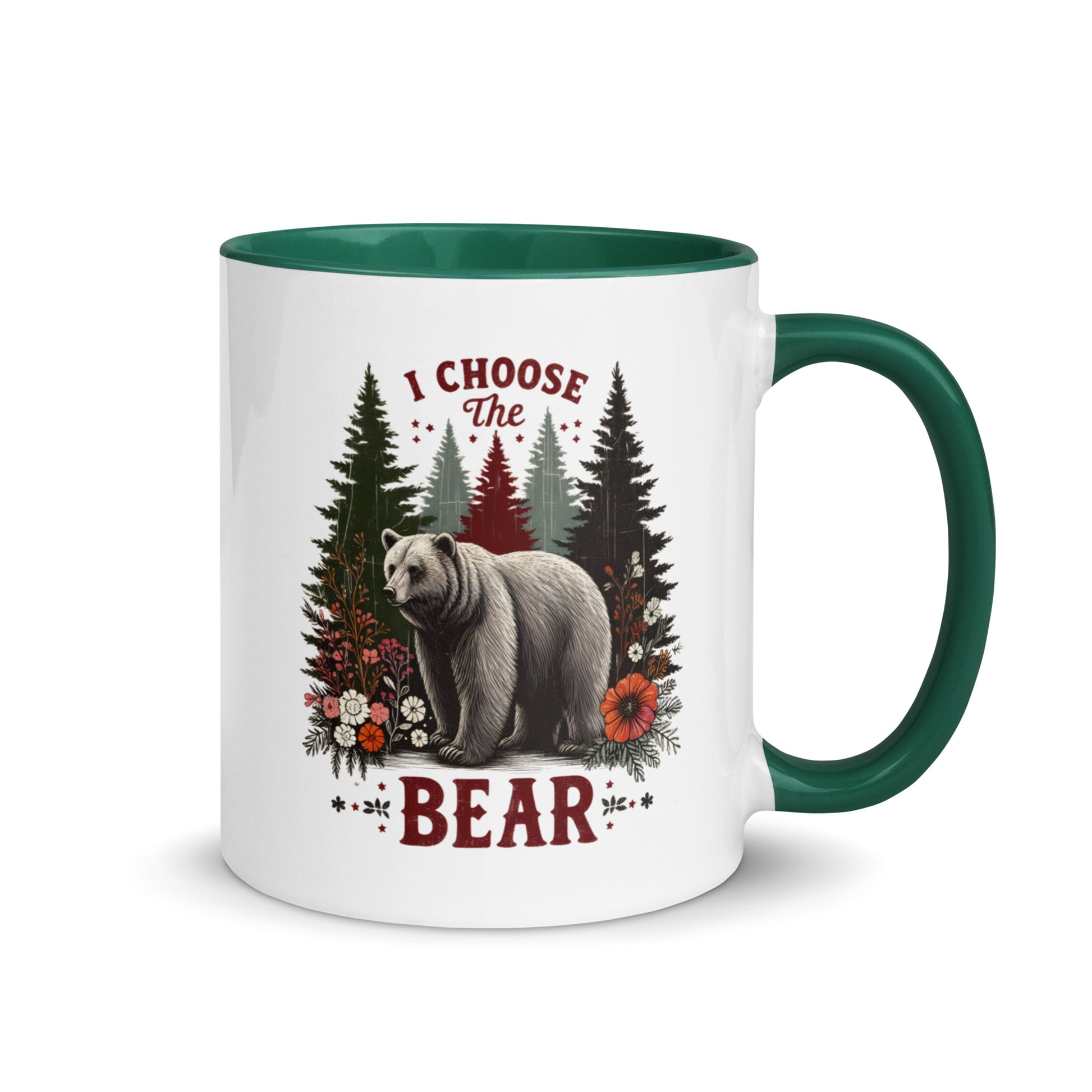 I Choose the Bear Forest Floral Accent Coffee Mug by Spinsterly Co, glossy ceramic, green rim and handle