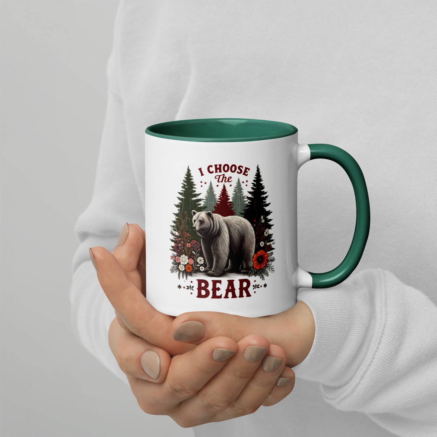 I Choose the Bear Forest Floral Accent Coffee Mug Spinsterly Co glossy ceramic mug with green interior and bear