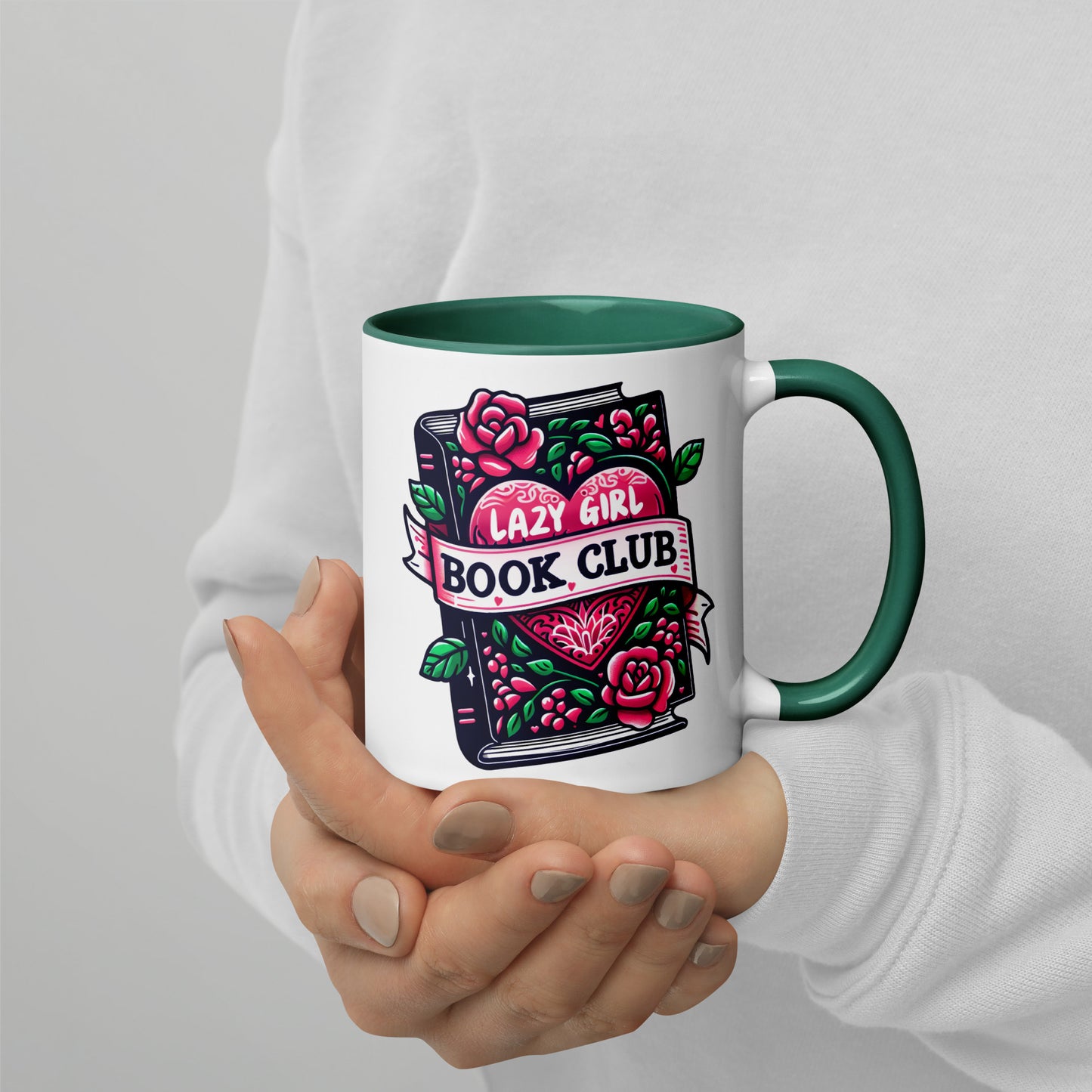 Lazy Girl Book Club Mug Spinsterly Co tattoo-style ceramic coffee mug with glossy green interior and roses