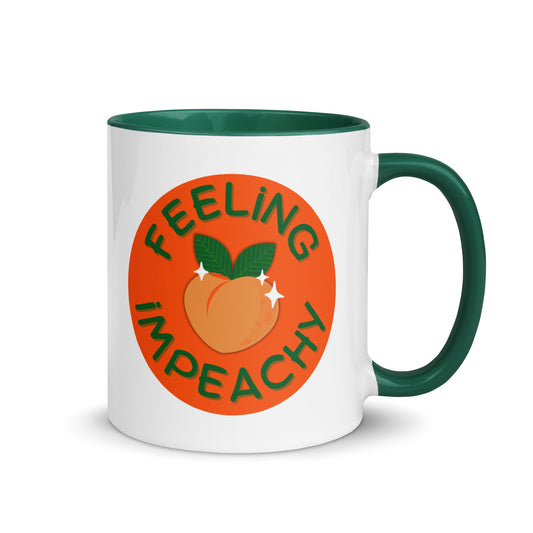 Feeling Impeachy Peach Political Accent Coffee Mug by Spinsterly Co with glossy white ceramic and green interior