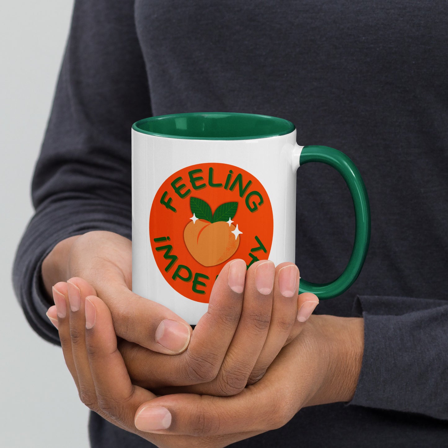 Feeling Impeachy Peach Political Accent Coffee Mug by Spinsterly Co white ceramic with glossy green interior