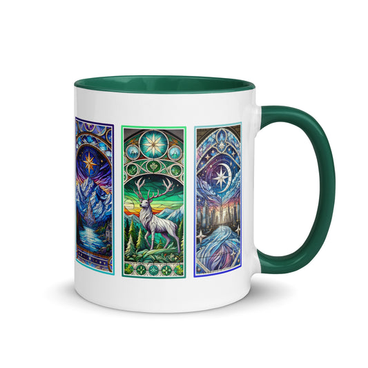 Stained Glass Fantasy Triptych Accent Coffee Mug Spinsterly Co ceramic mug with glossy green interior and glossy finish