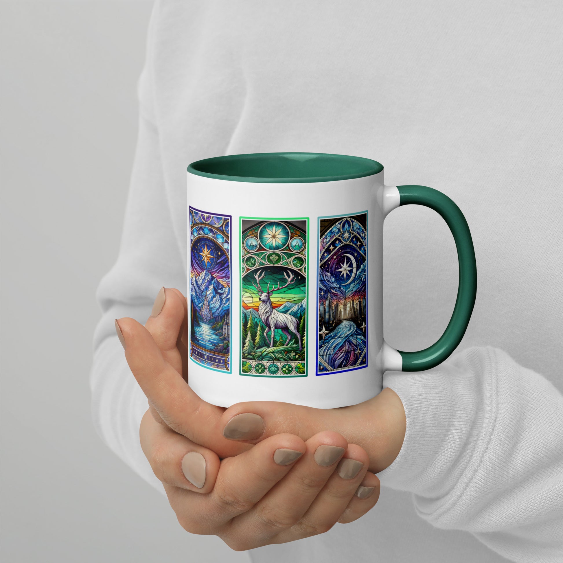 Stained Glass Fantasy Triptych Accent Coffee Mug Spinsterly Co ceramic mug with glossy green interior and Celtic knotwork