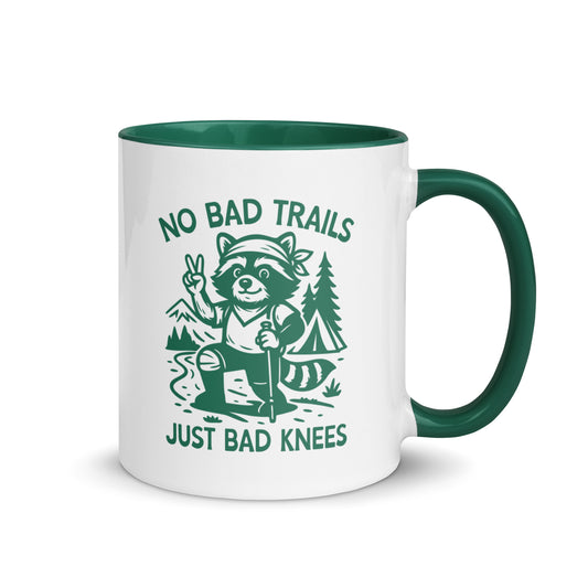 No Bad Trails Just Bad Knees Hiking Accent Coffee Mug by Spinsterly Co, glossy ceramic in green and white