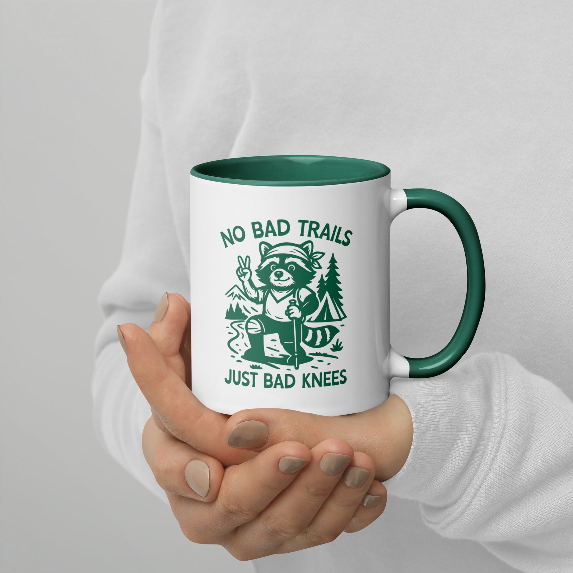 No Bad Trails Just Bad Knees Hiking Accent Coffee Mug Spinsterly Co ceramic mug with glossy finish and green interior