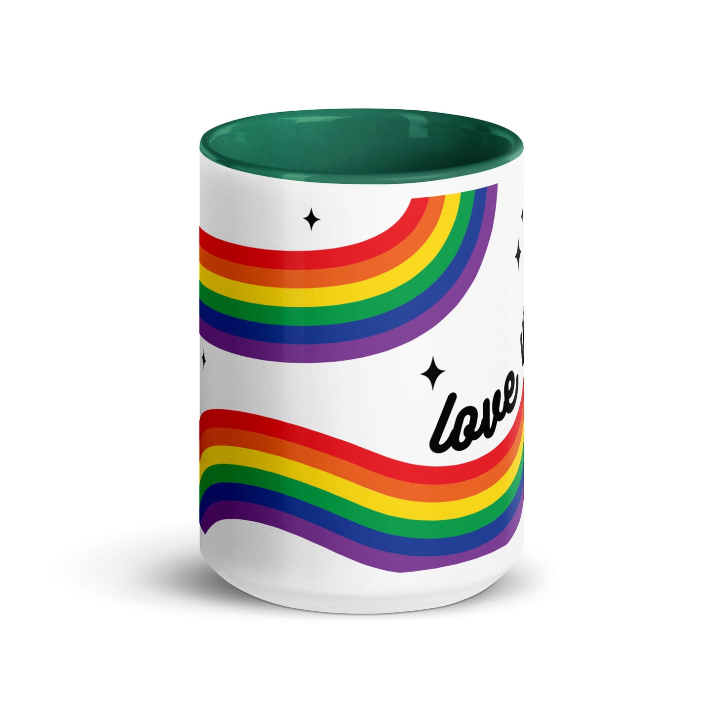 Love is Love Rainbow Pride Accent Coffee Mug LGBTQIA Gift by Spinsterly Co, glossy ceramic in Dark green