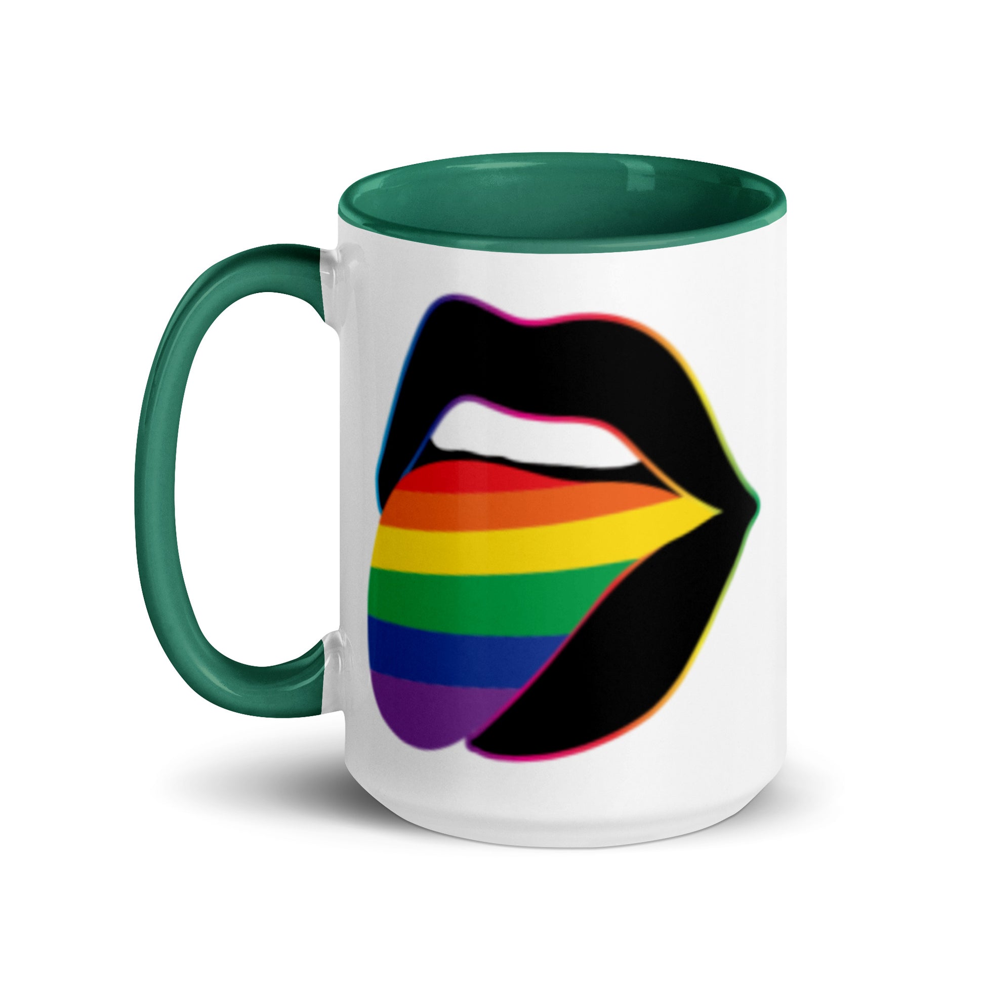 Pride Lips Mug Rainbow LGBTQ Ceramic Mug by Spinsterly Co in Dark green with glossy ceramic finish