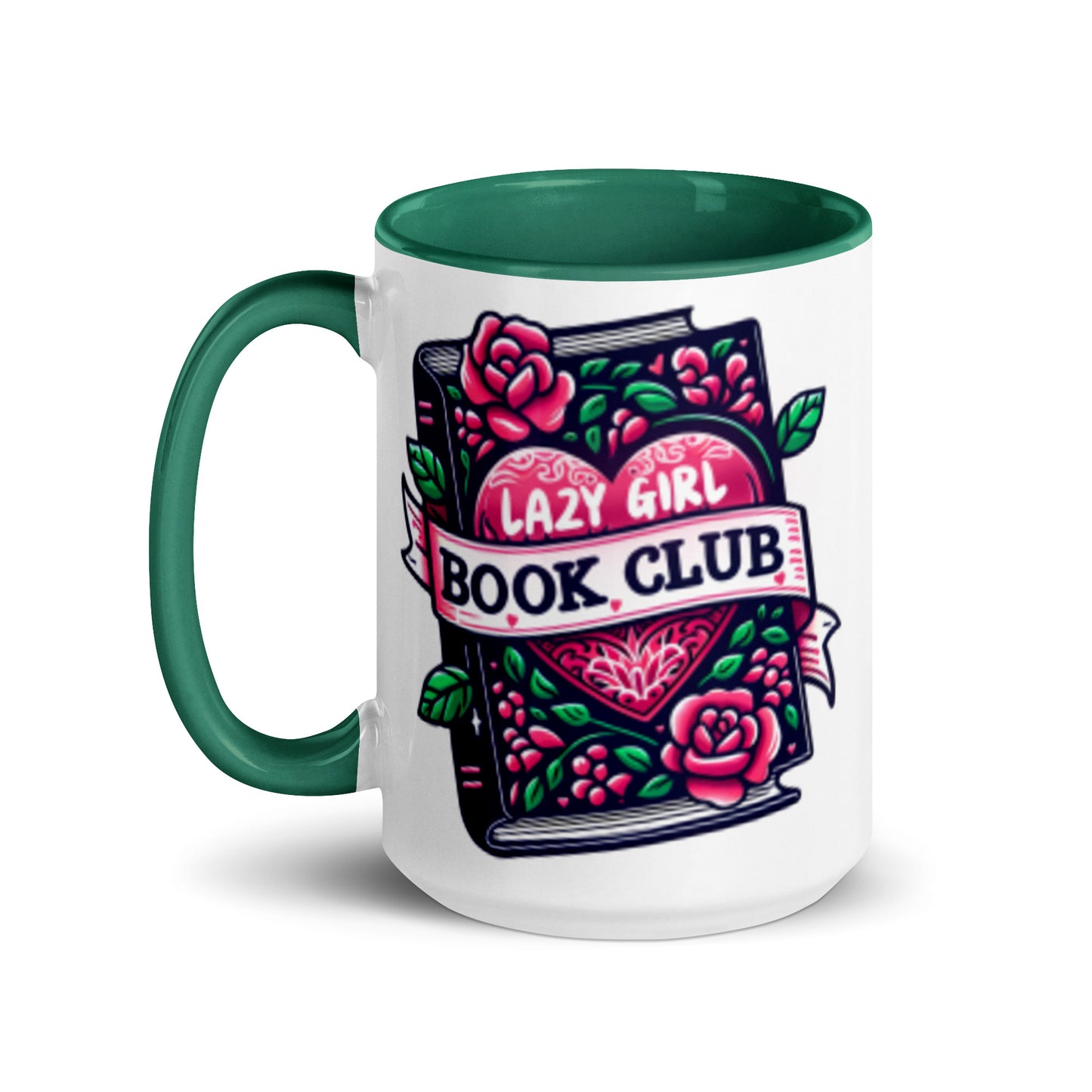 Lazy Girl Book Club ceramic mug with green interior and handle, design facing forward at an angle, 15oz