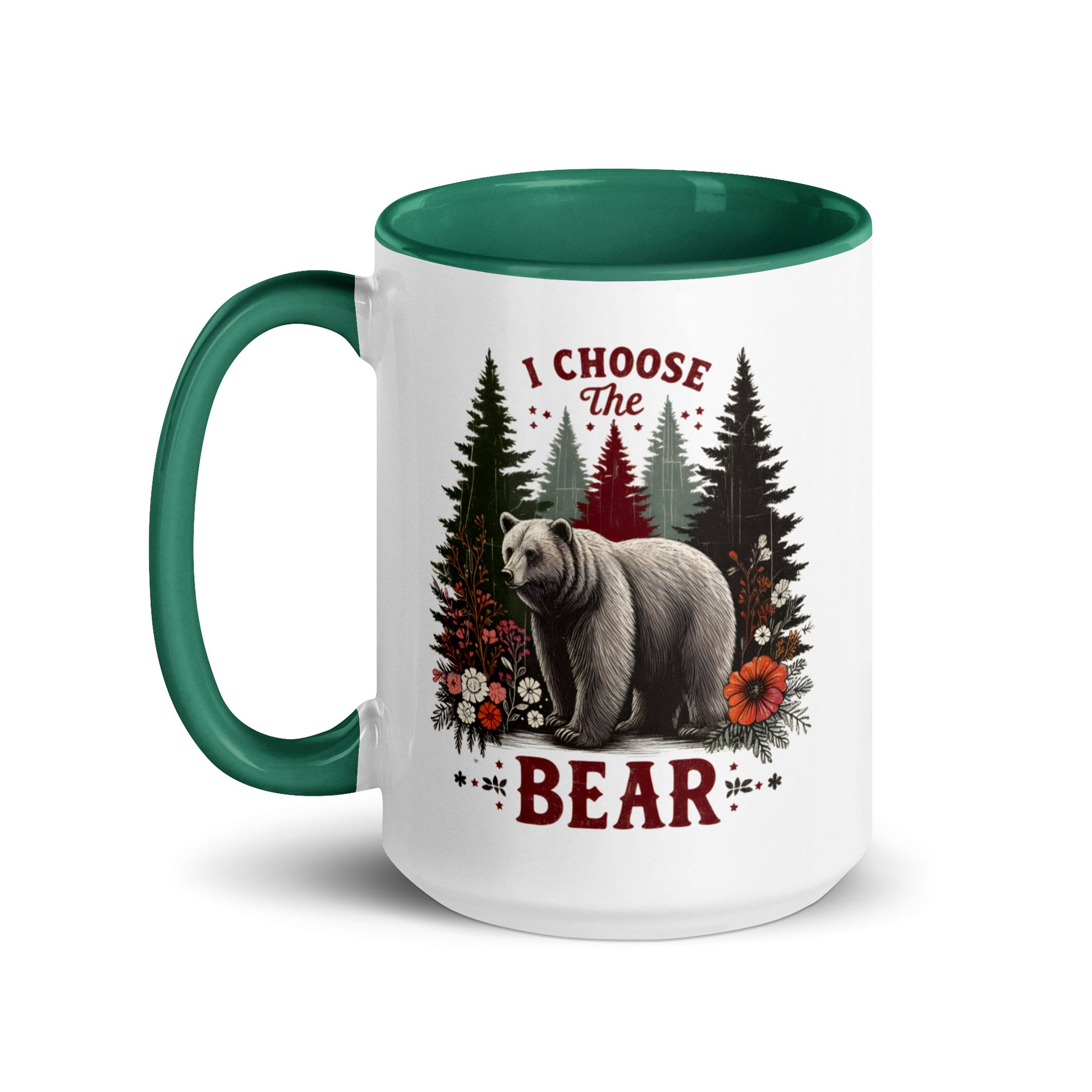 I Choose the Bear Forest Floral Accent Coffee Mug by Spinsterly Co, glossy ceramic with green interior