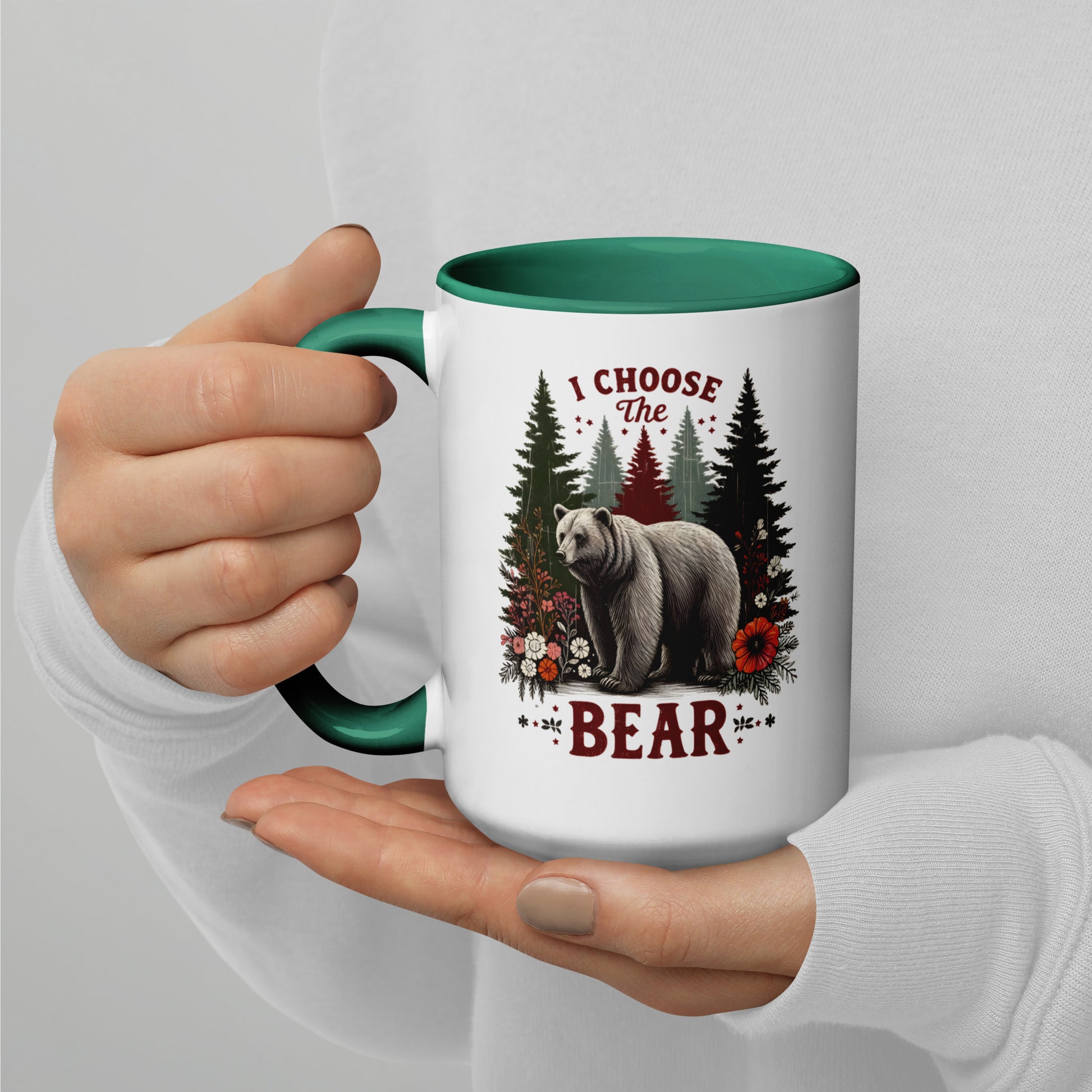 I Choose the Bear Forest Floral Accent Coffee Mug by Spinsterly Co, glossy ceramic with green interior