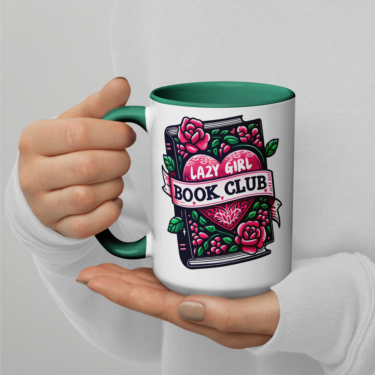 Lazy Girl Book Club Mug Spinsterly Co ceramic coffee mug with glossy green interior and tattoo style books and roses