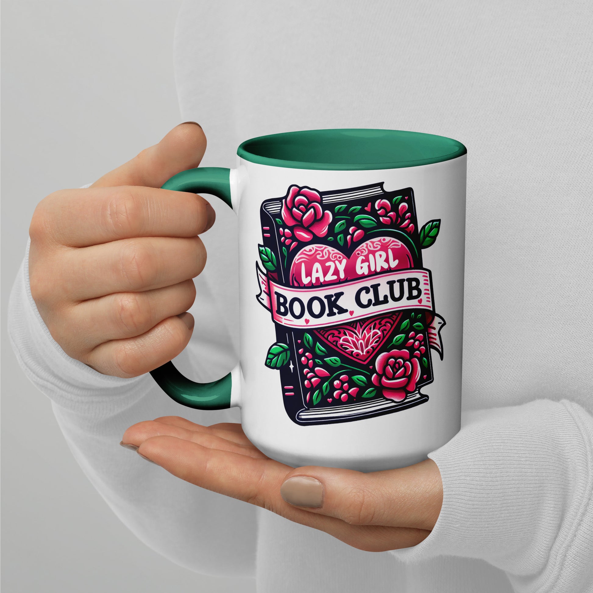 Lazy Girl Book Club Mug Spinsterly Co ceramic coffee mug with glossy green interior and tattoo style books and roses