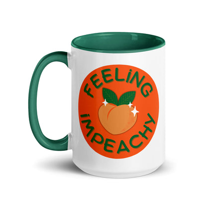 Feeling Impeachy Peach Political Accent Coffee Mug by Spinsterly Co, glossy ceramic with green interior