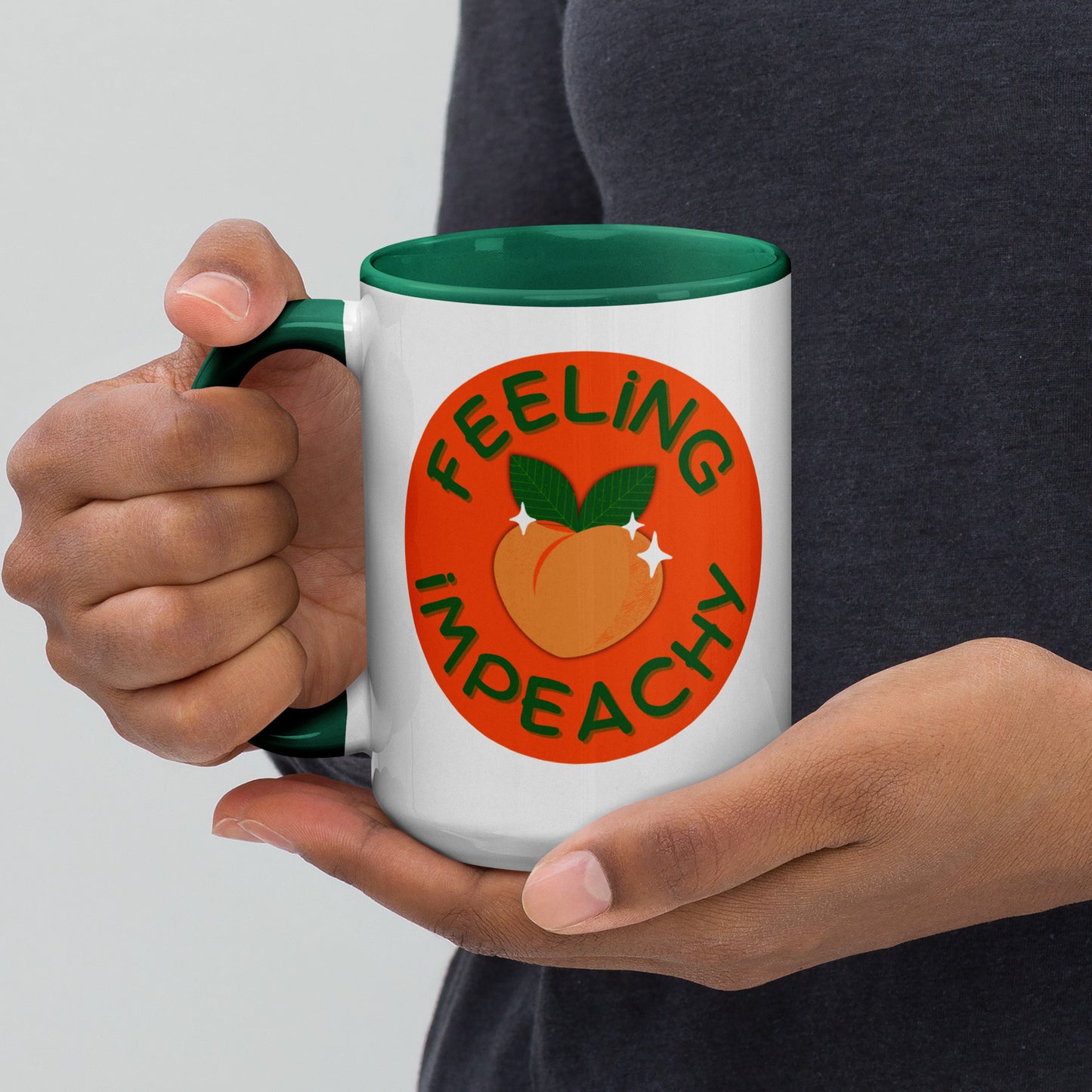 Feeling Impeachy Peach Political Accent Coffee Mug by Spinsterly Co, glossy ceramic with green interior