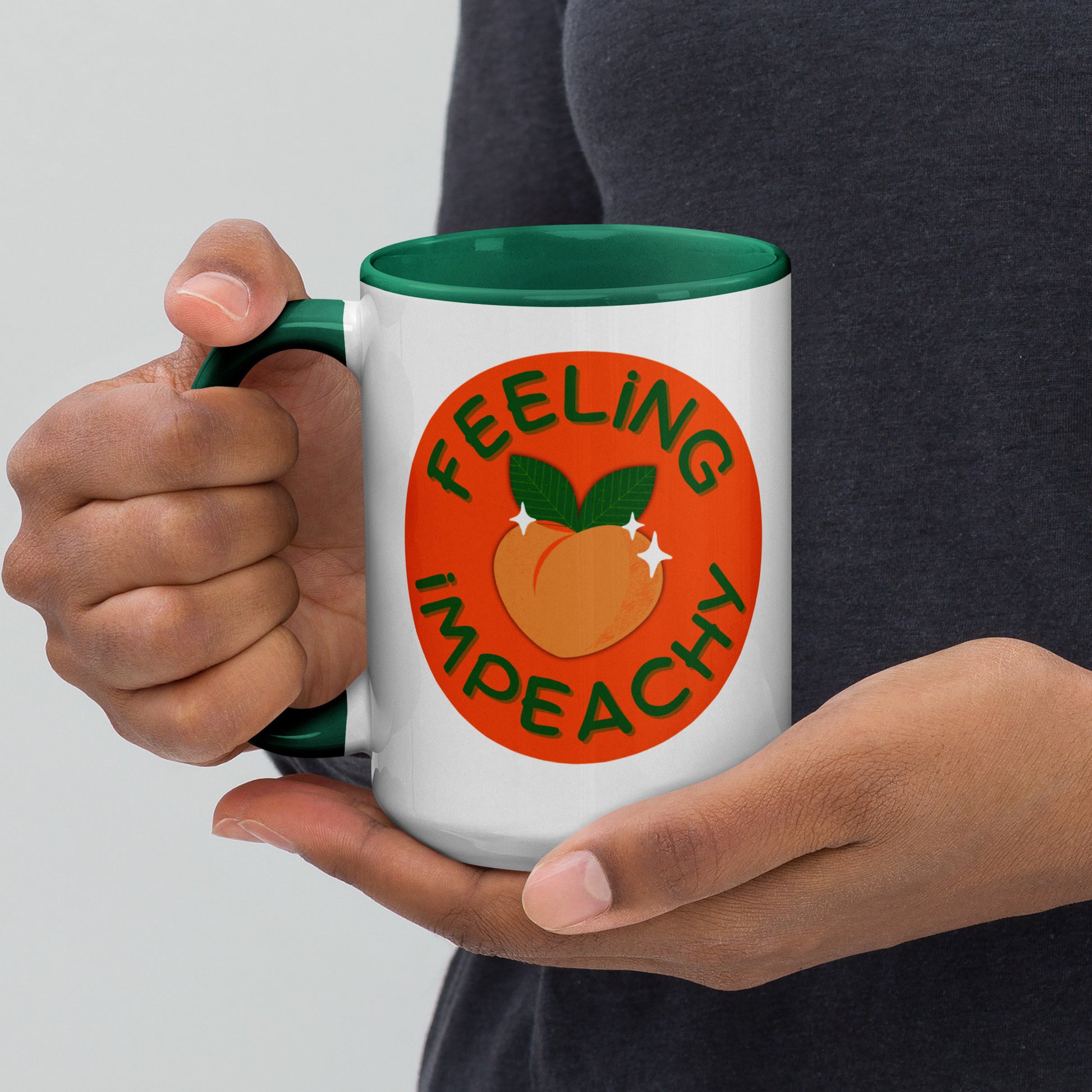 Feeling Impeachy Peach Political Accent Coffee Mug by Spinsterly Co, glossy ceramic with green interior