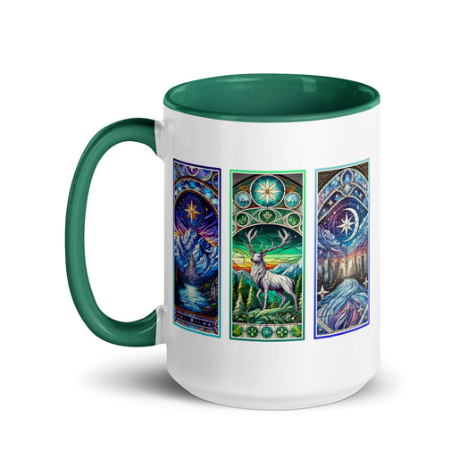 Stained Glass Fantasy Triptych Accent Coffee Mug Spinsterly Co green ceramic with glossy Celtic knotwork