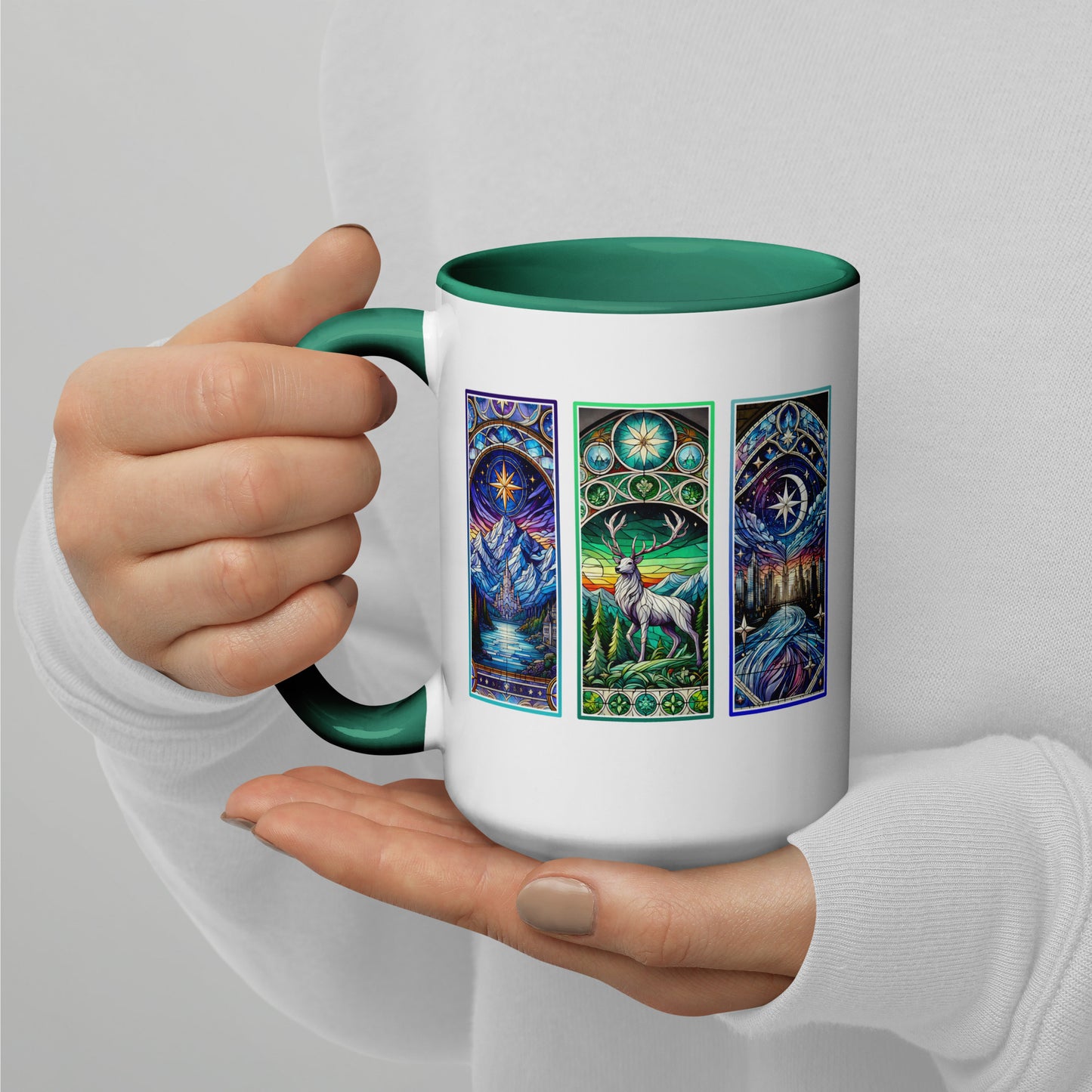 Stained Glass Fantasy Triptych Accent Coffee Mug Spinsterly Co ceramic mug with glossy green interior and Celtic artwork