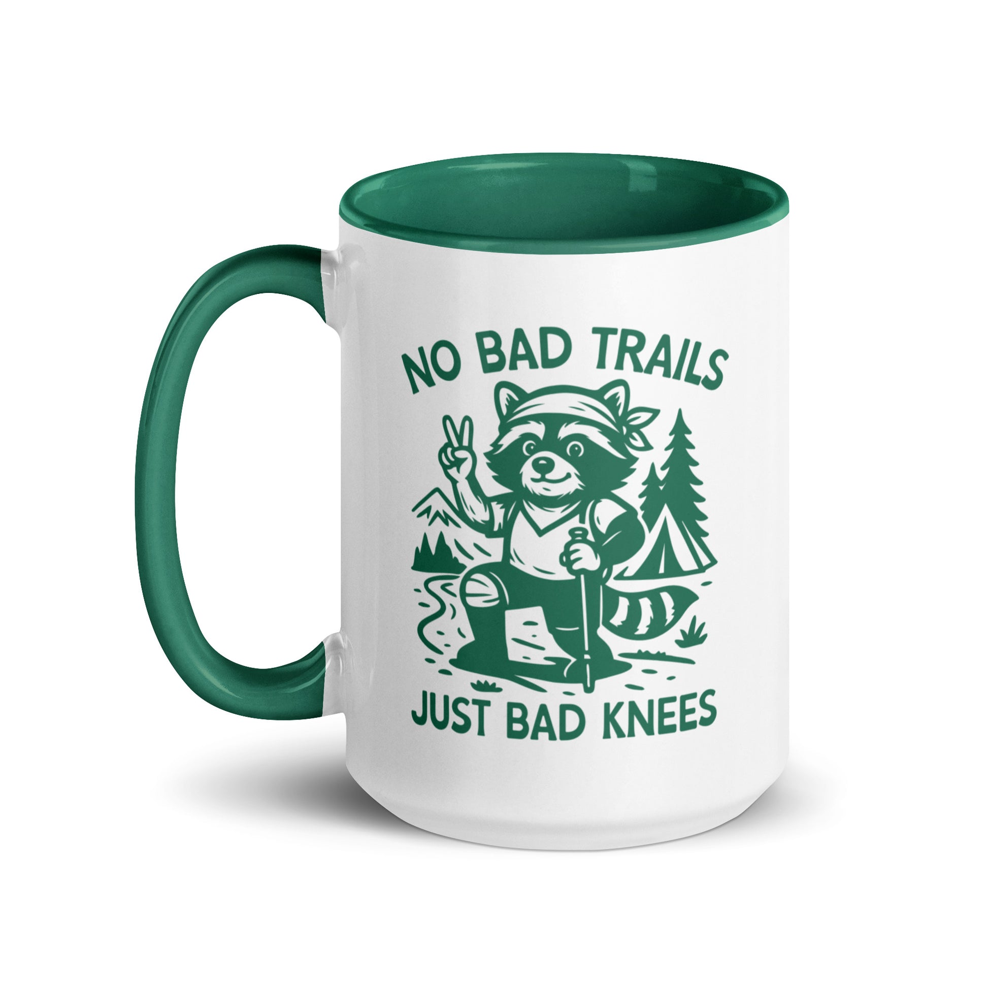 No Bad Trails Just Bad Knees Hiking Accent Coffee Mug by Spinsterly Co, glossy green interior ceramic mug